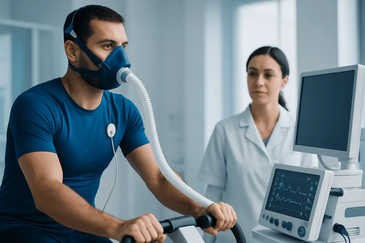 Patient undergoing respiratory test with medical staff monitoring.
