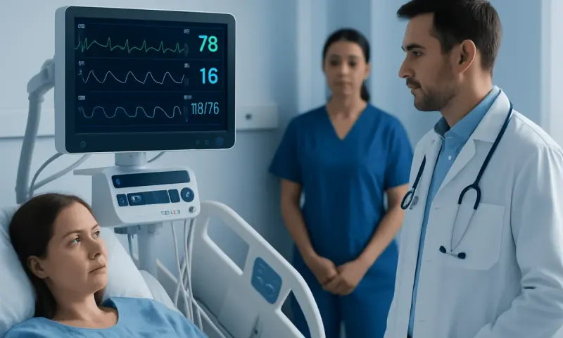 Doctor monitoring patient vital signs in hospital ICU.