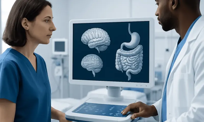 Medical professionals discussing brain and digestive system images in a hospital.