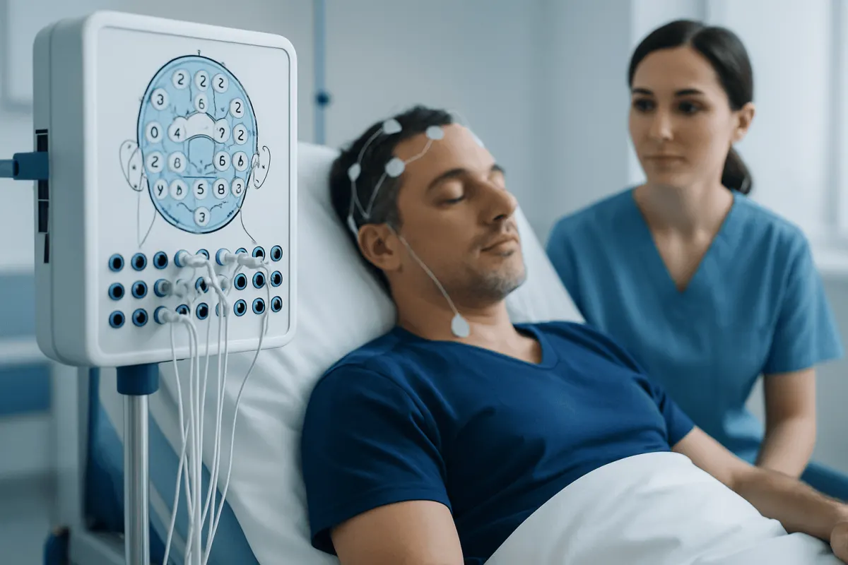 Patient undergoing sleep study with EEG monitoring at Acibadem Hospital.