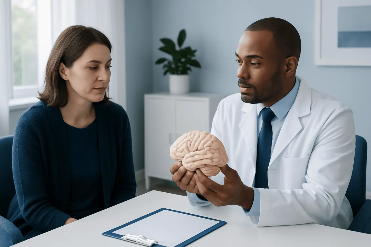 Doctor explaining human brain to patient in consultation room.