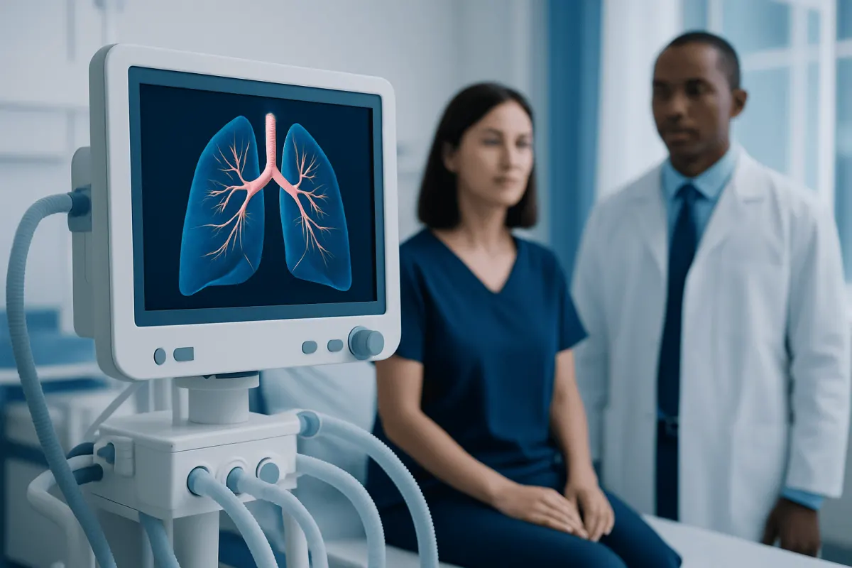 Medical professionals review lung scan in a hospital setting.