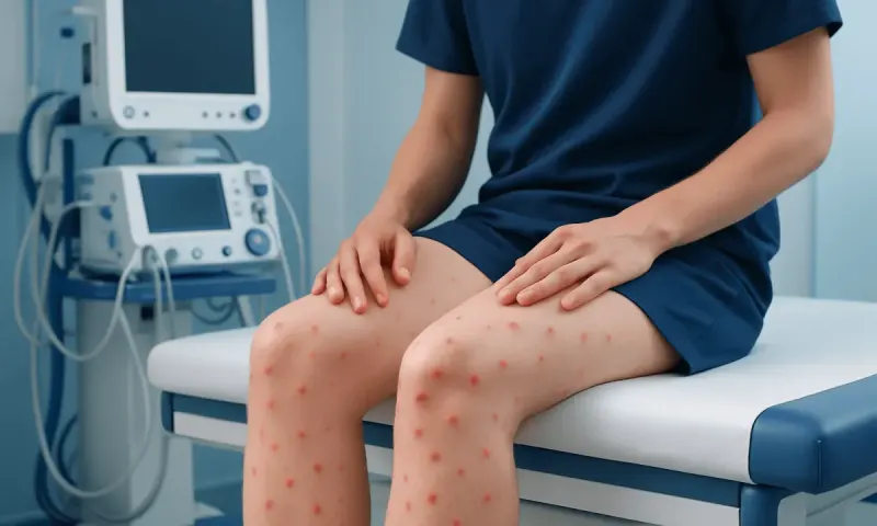 Patient with leg rashes at a hospital clinic for skin examination.