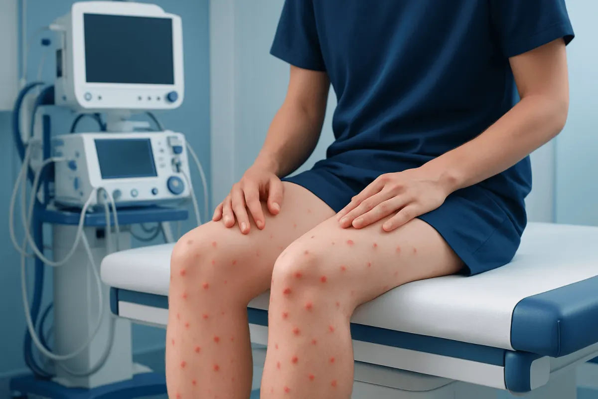 Patient with leg rashes at a hospital clinic for skin examination.
