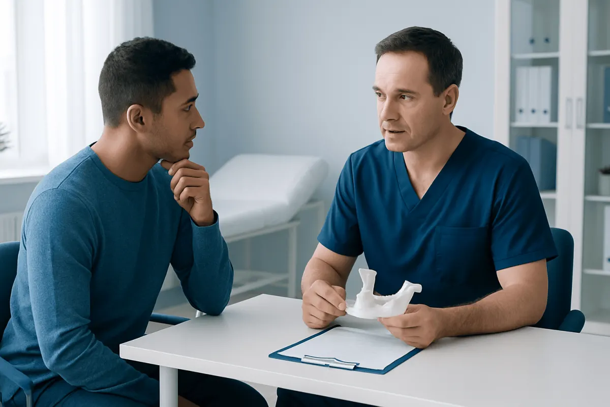 Doctor explaining chin implant procedure to patient in consultation room.