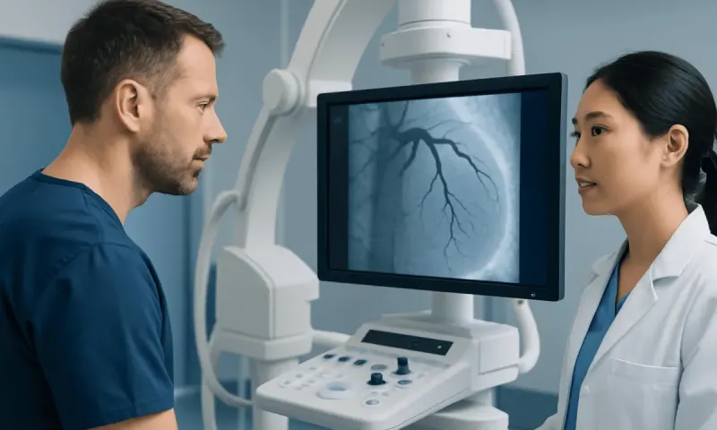 Medical professionals review coronary angiography images in a hospital setting.