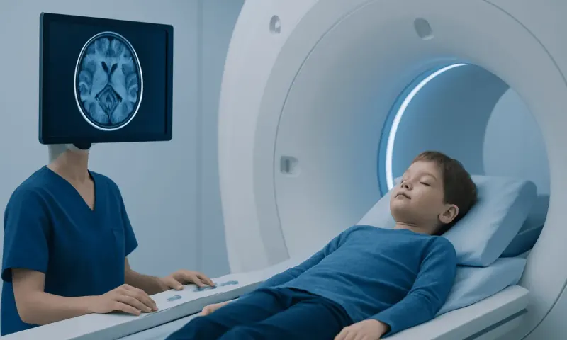 Child undergoing brain MRI scan at Acibadem Hospital.
