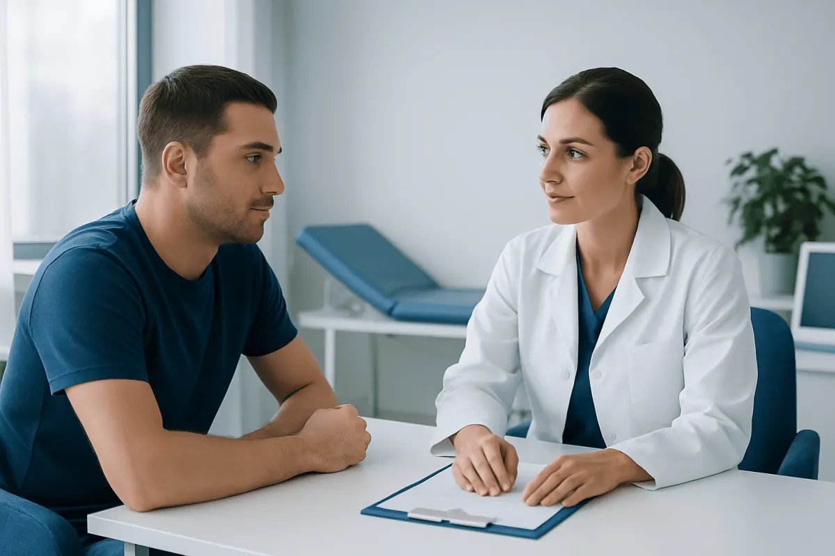 Male patient consulting with female doctor in a medical office.
