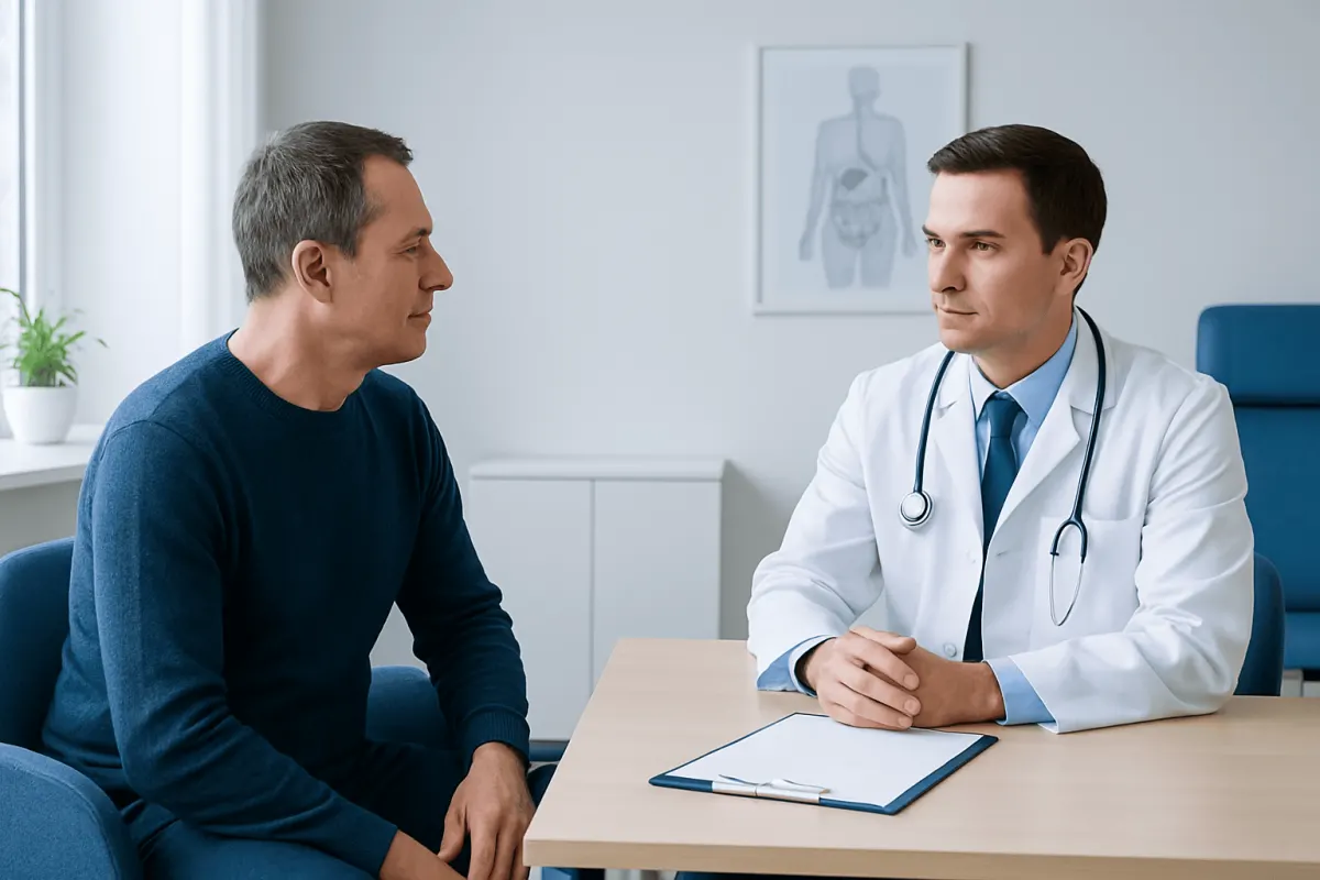 Doctor consulting with patient in a hospital office setting.
