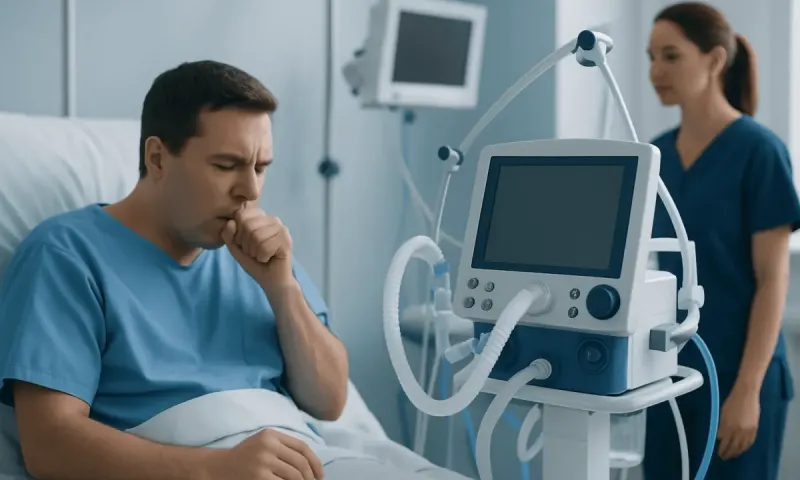Patient in hospital bed with ventilator and healthcare professional nearby.