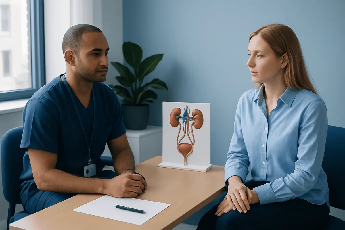 Doctor explaining urinary system to patient in consultation room.
