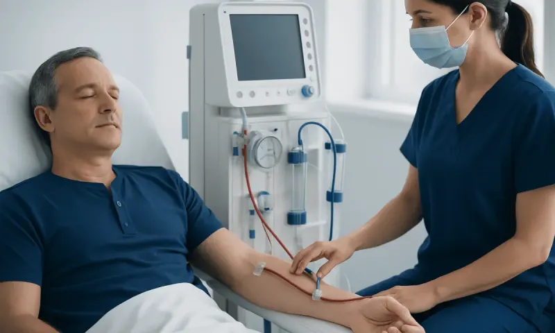 Patient receiving dialysis treatment in hospital with medical staff assistance.