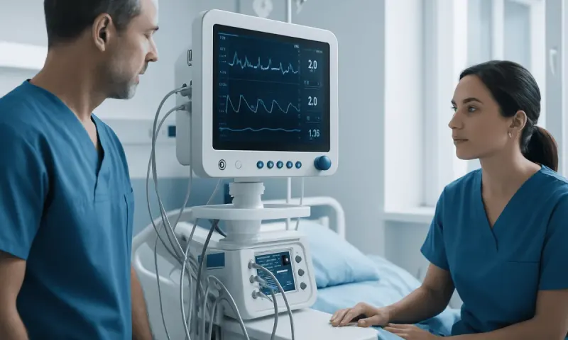 Medical professionals monitoring patient vital signs with a heart rate monitor.