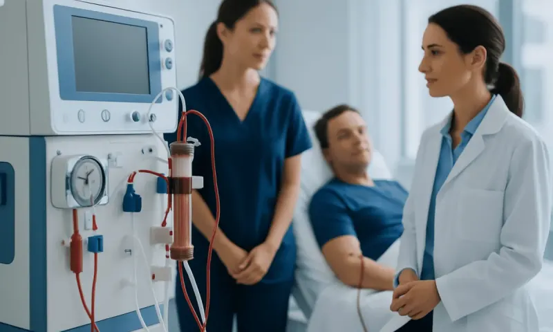 Medical team monitoring patient with dialysis machine in hospital.