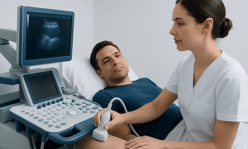 Doctor performing ultrasound exam on male patient in hospital.