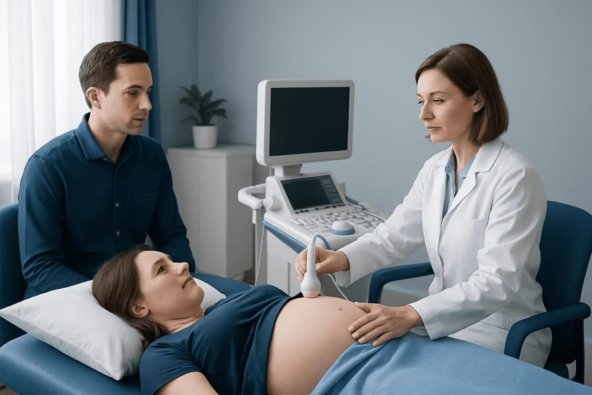 Doctor performs ultrasound on pregnant woman in hospital room.