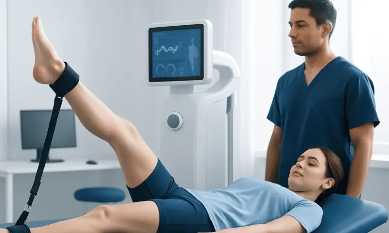 Patient performing straight leg raise exercise under medical supervision.