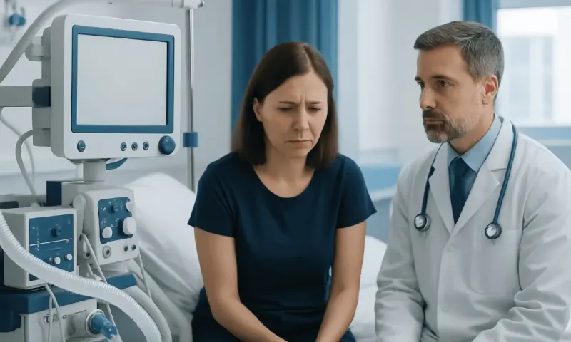 Doctor consulting a woman patient in a hospital room with medical equipment.