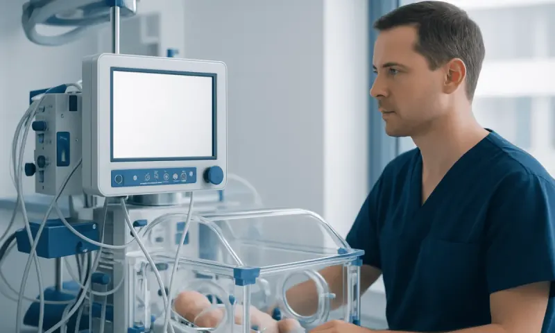 Neonatal intensive care unit with a healthcare professional monitoring a newborn.