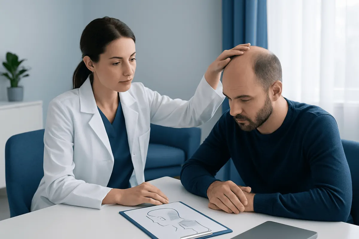 Doctor examines male patient with hair loss in consultation room.