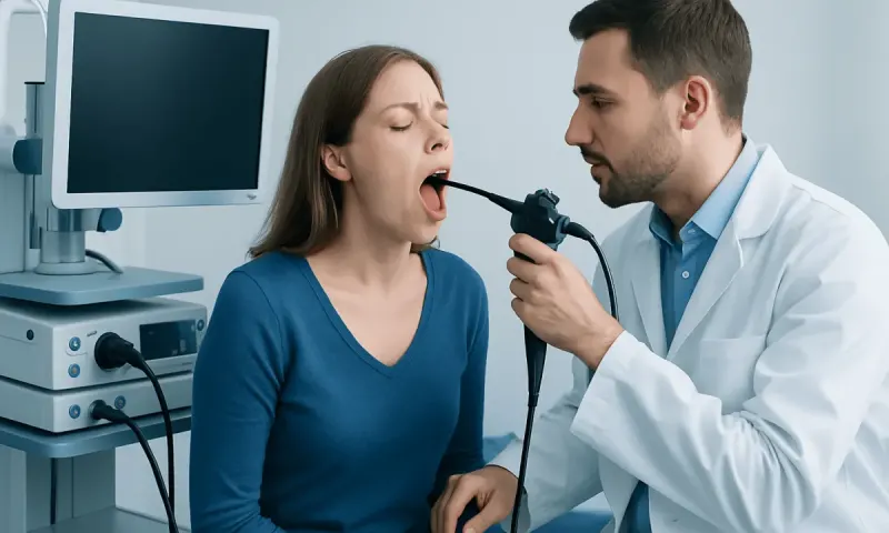 Doctor examines patient's throat using an endoscope in a medical clinic.