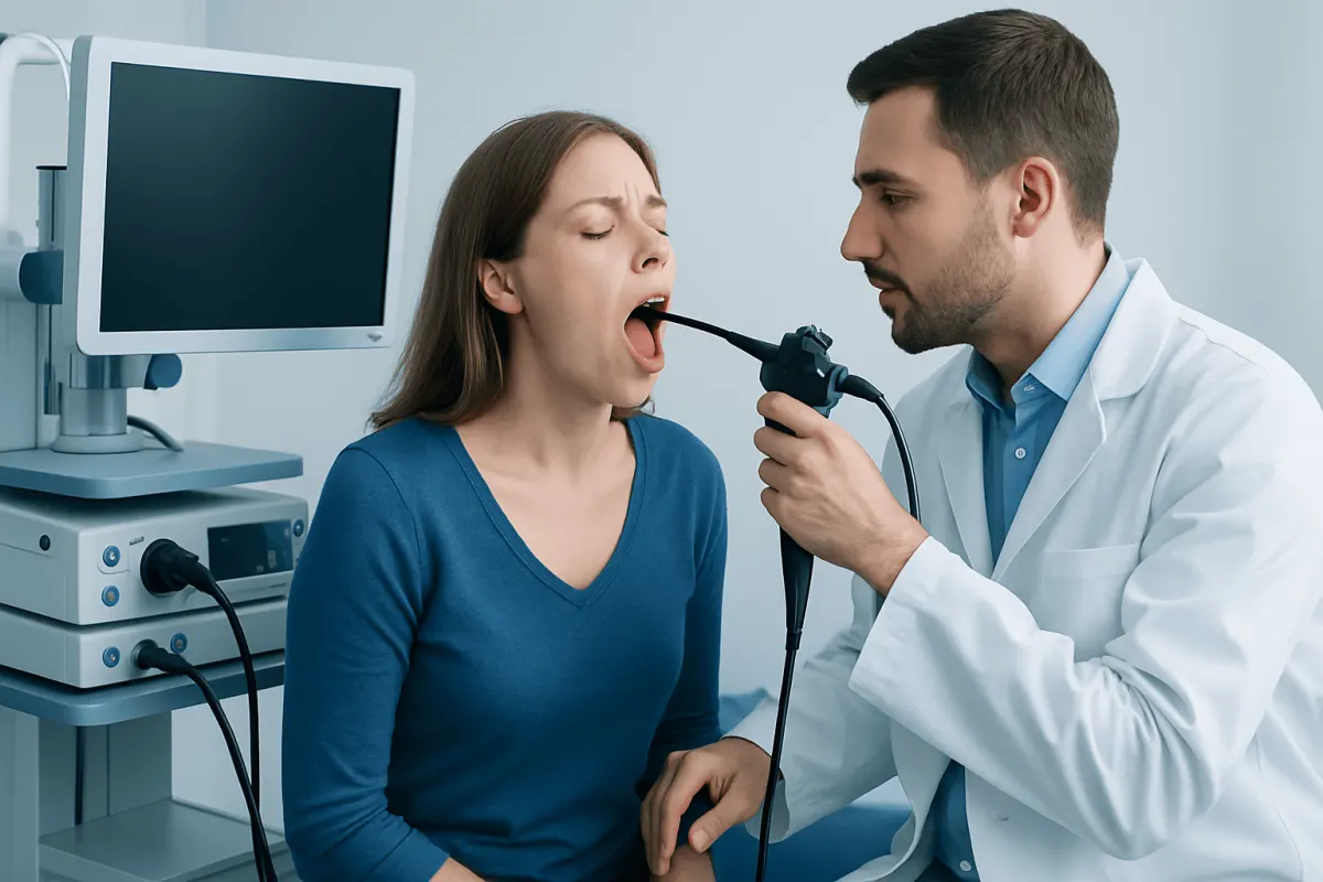 Doctor examines patient's throat using an endoscope in a medical clinic.