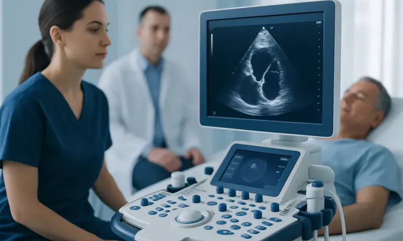 Medical team performing an echocardiogram on a patient in a hospital room.