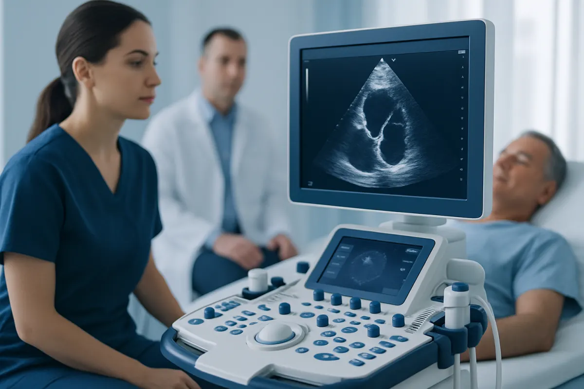Medical team performing an echocardiogram on a patient in a hospital room.