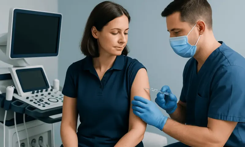 Healthcare professional administering hepatitis A vaccine to patient in clinic.