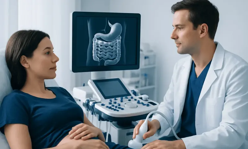 Doctor performing an ultrasound examination on a patient with an abdominal scan image.