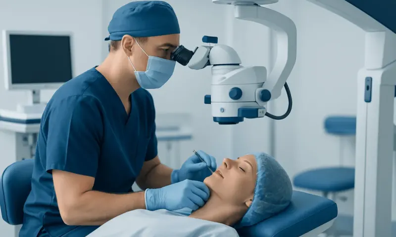 Ophthalmologist performing iris implant surgery in a modern clinic.