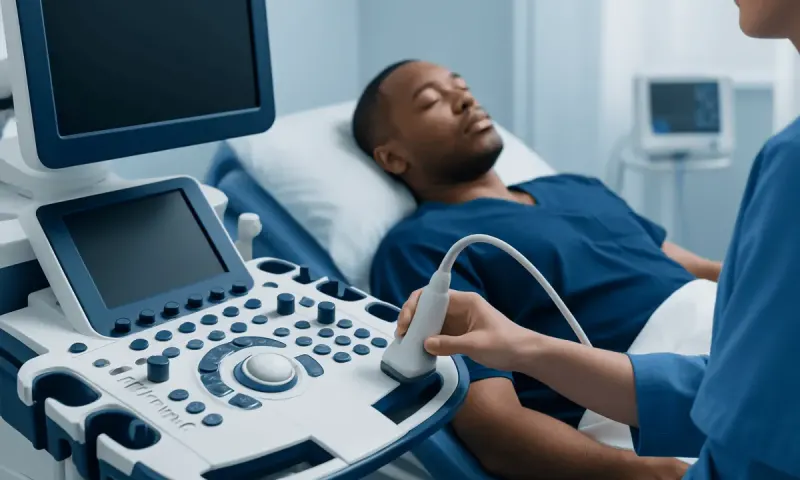 Patient undergoing ultrasound examination in a hospital setting.