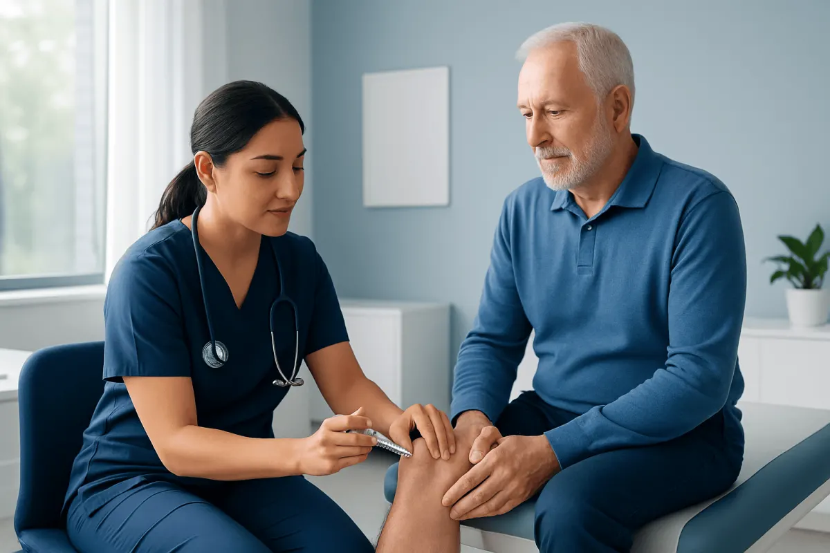 Doctor administering joint injection to an elderly male patient in a clinic.