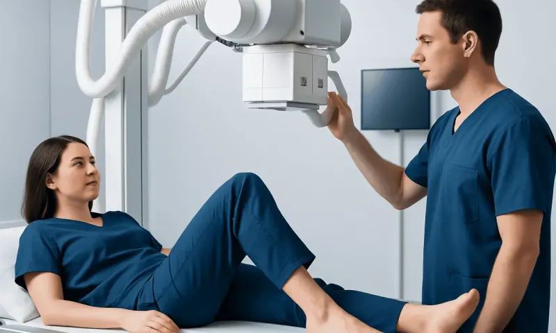 Medical professional performing X-ray on patient in hospital setting.