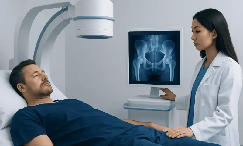 Patient undergoing pelvic X-ray for broken pelvis assessment at Acibadem Hospital.