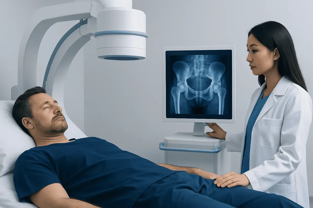 Patient undergoing pelvic X-ray for broken pelvis assessment at Acibadem Hospital.