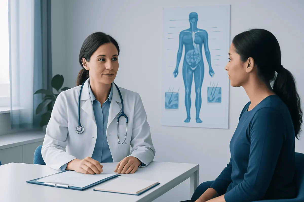Doctor consulting patient in a medical office with anatomical chart in background.