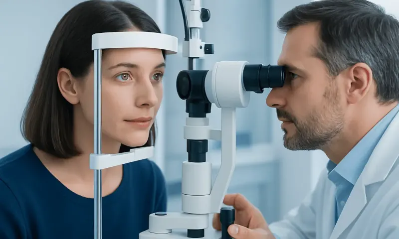 Optometrist examines woman's eye using slit lamp in clinic setting.