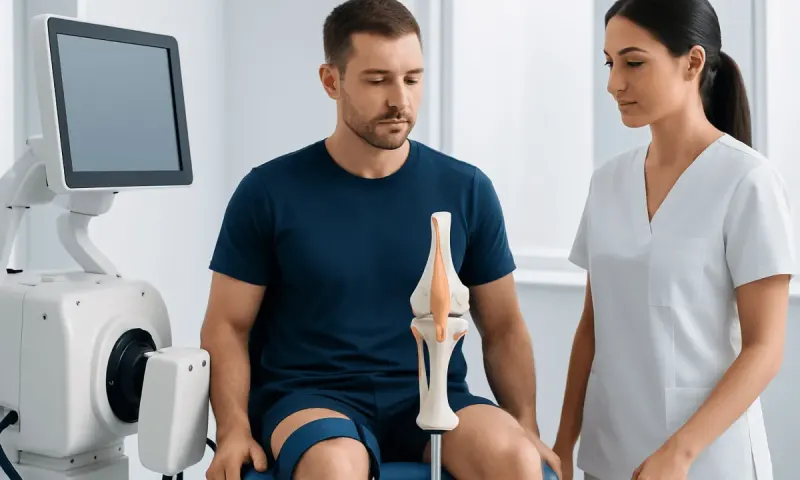 Medical professional explains knee anatomy to patient during examination.