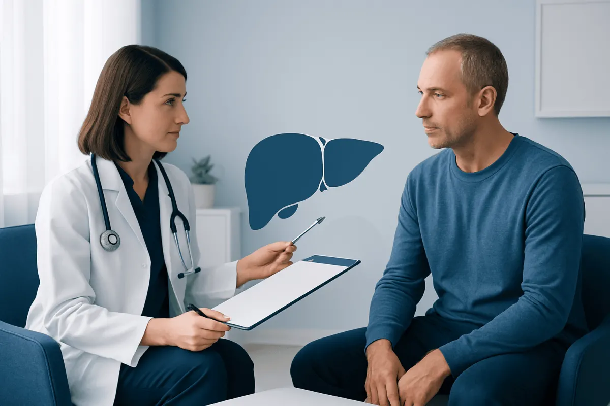 Doctor explaining liver biopsy procedure to patient in consultation room.