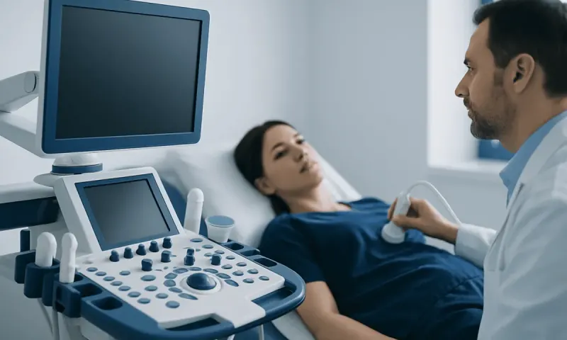 Doctor performing ultrasound scan on a patient in a hospital room.