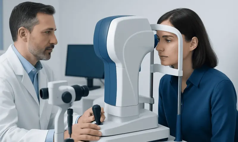 Optometrist performing eye exam with advanced equipment at Acibadem Hospital.