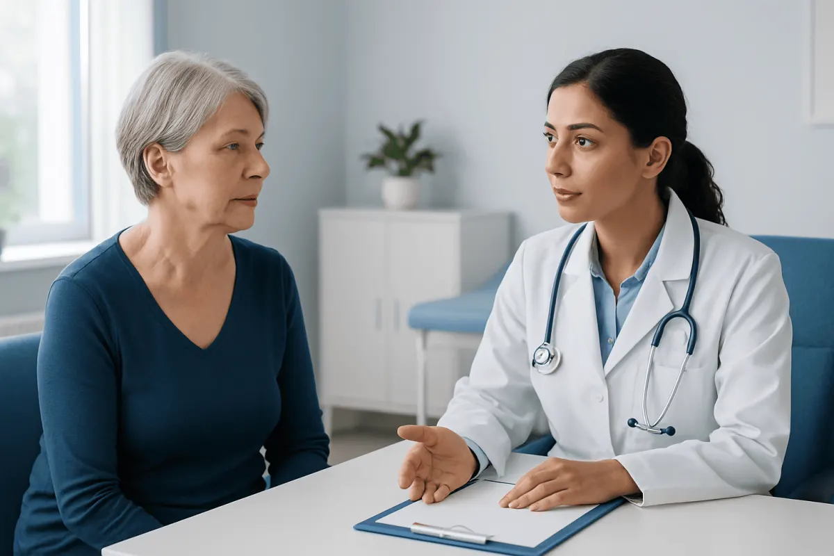 Doctor consulting with an elderly female patient in a medical office.