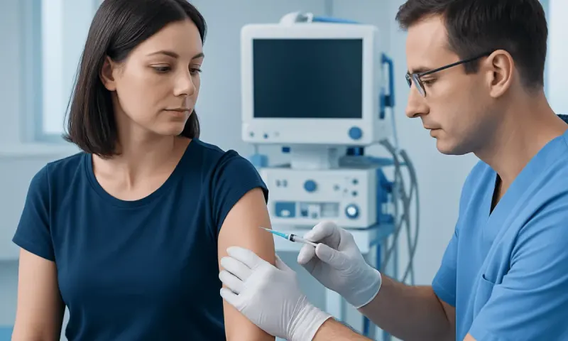 Healthcare professional administering vaccine to a woman in a clinical setting.
