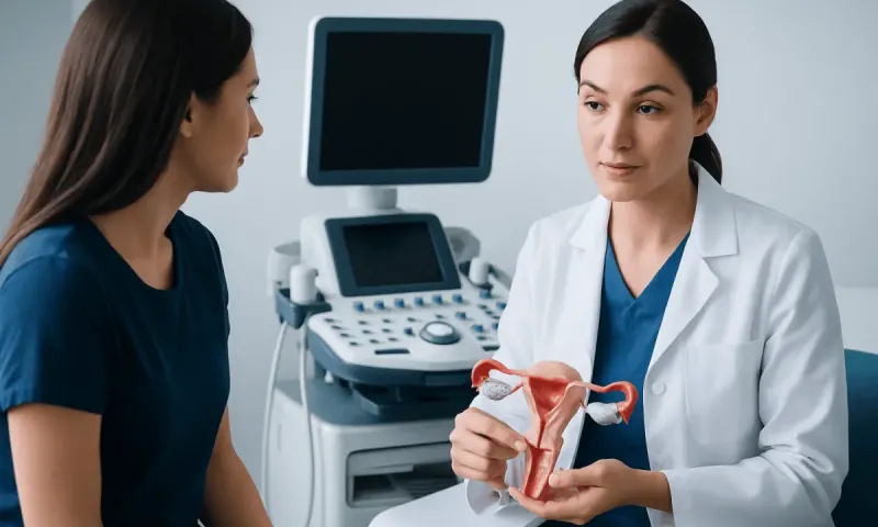 Doctor explaining uterine health to a patient in a medical clinic.