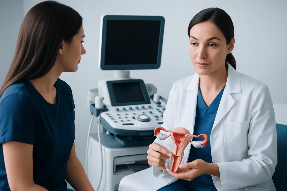 Doctor explaining uterine health to a patient in a medical clinic.