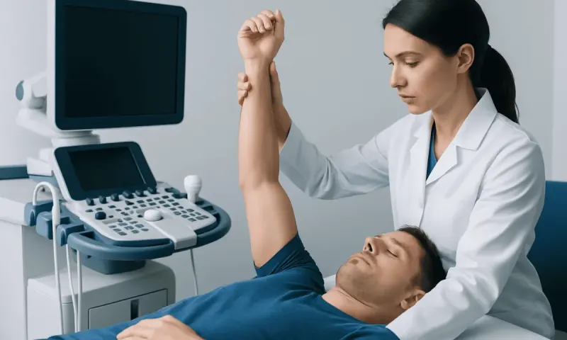 Medical professional performing Neer test on patient in clinical setting.