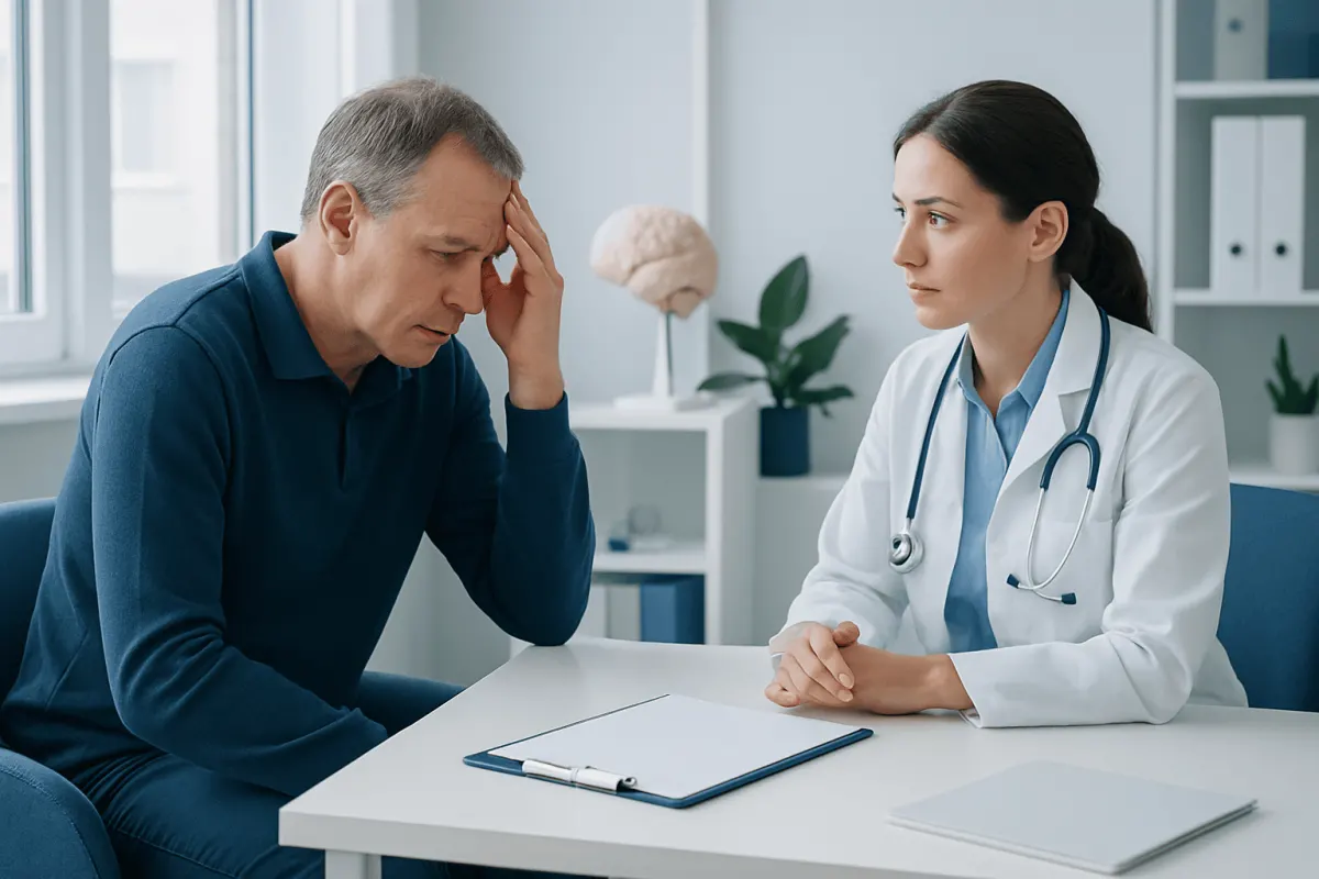 Doctor consulting with a patient about neurological symptoms in a clinic.