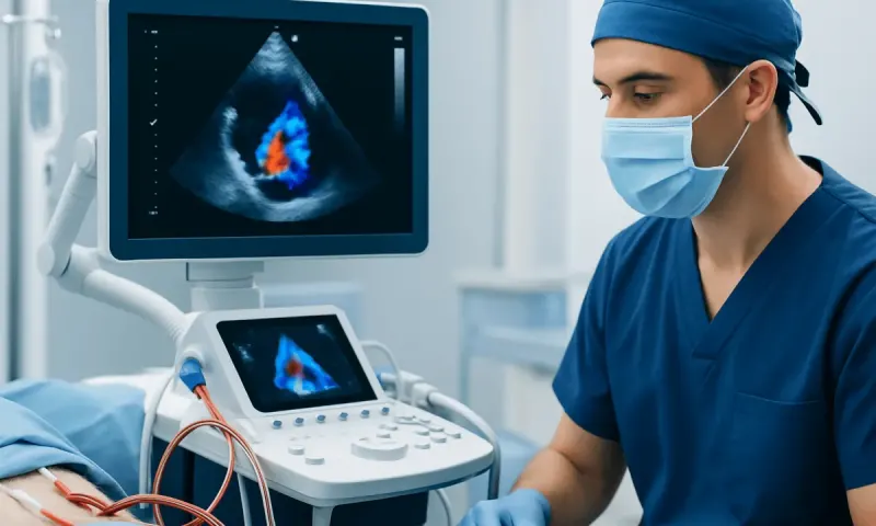 Medical professional performing echocardiogram with color Doppler imaging.