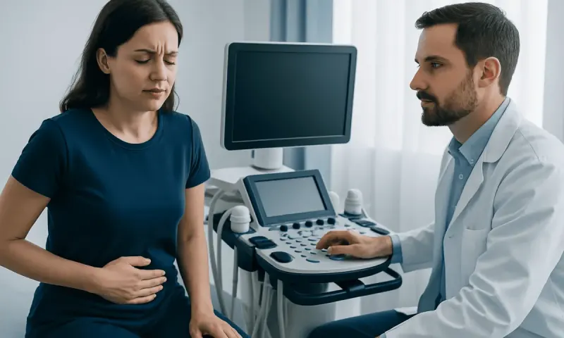 Woman experiencing abdominal pain during a medical consultation at Acibadem Hospital.